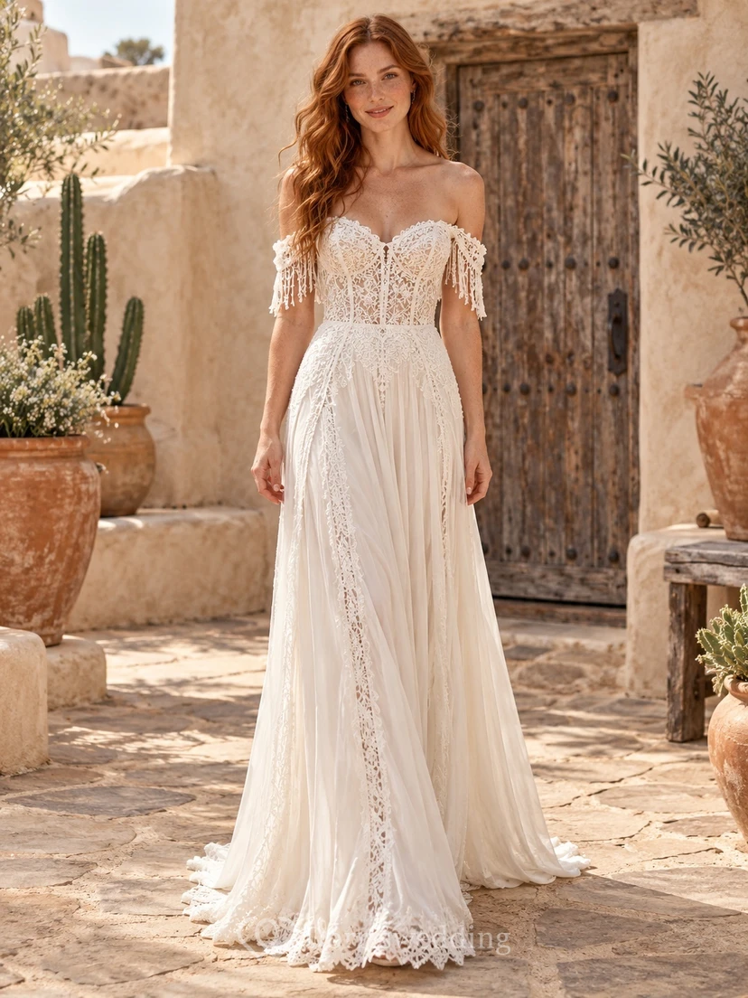 Boho Off Shoulder Fringe Sleeve Lace Chiffon Bridal Wedding Dress