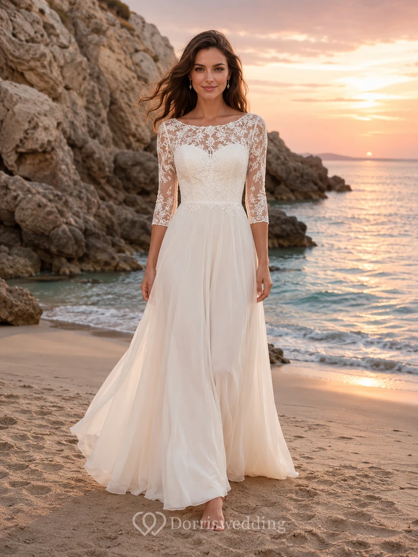 Chiffon-Hochzeitskleid in A-Linie mit Illusion-Spitzenärmeln im Küstenstil