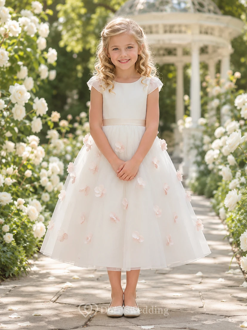 Romantisches Organza-Kleid in Teelänge, A-Linie, mit flatternden Ärmeln und Blumenmuster, perfekt für Blumenmädchen und Gartenhochzeiten