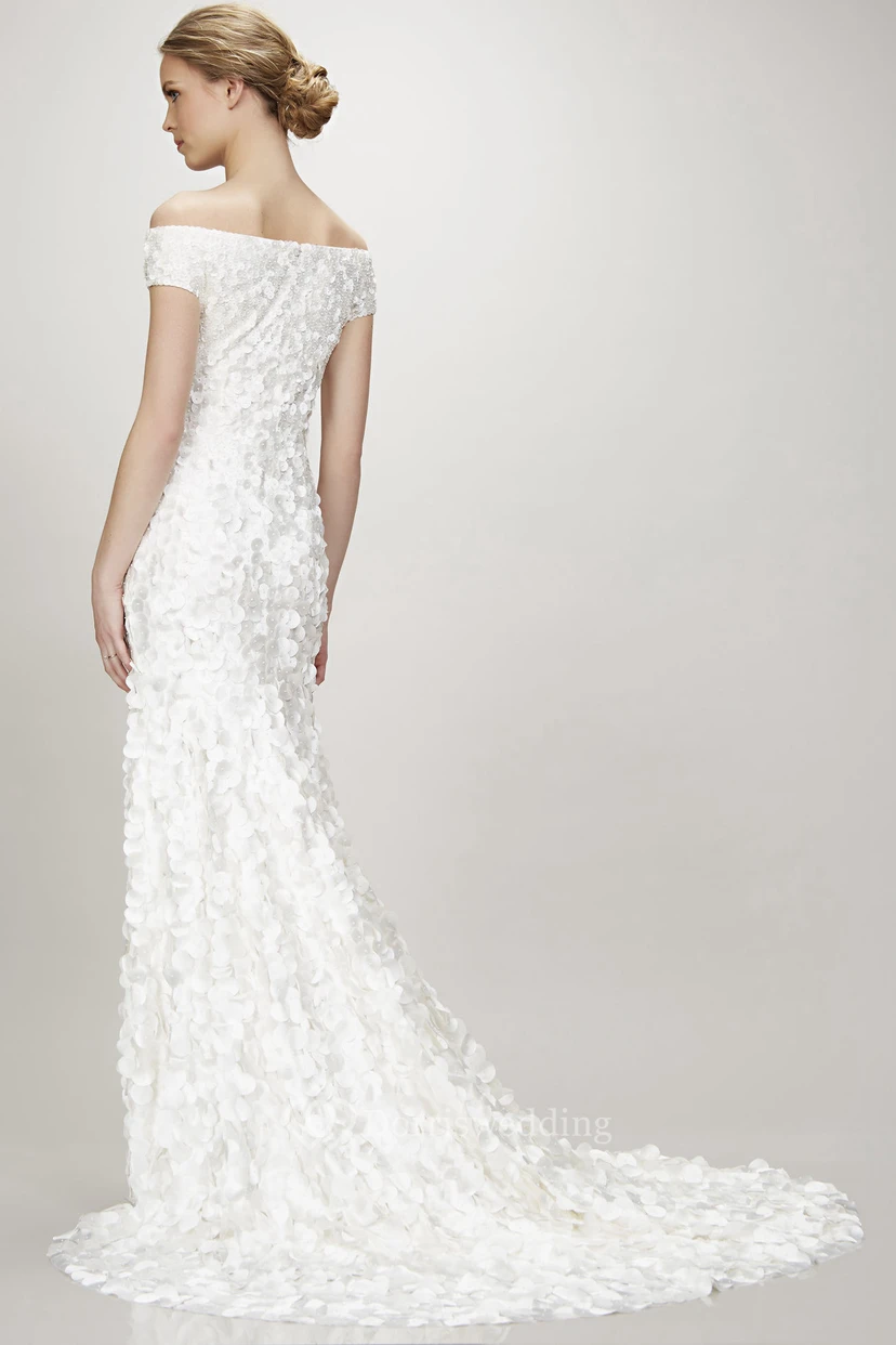 Off-The-Shoulder Maxi Beaded Sequins Wedding Dress With Court Train view 2