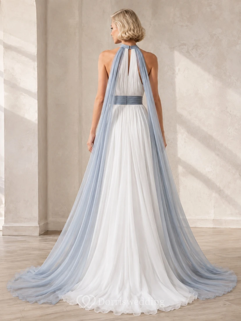 Staubblaues, ärmelloses Chiffon-Brautkleid im A-Linien-Stil mit Neckholder, bodenlang, modern-ländlich view 2