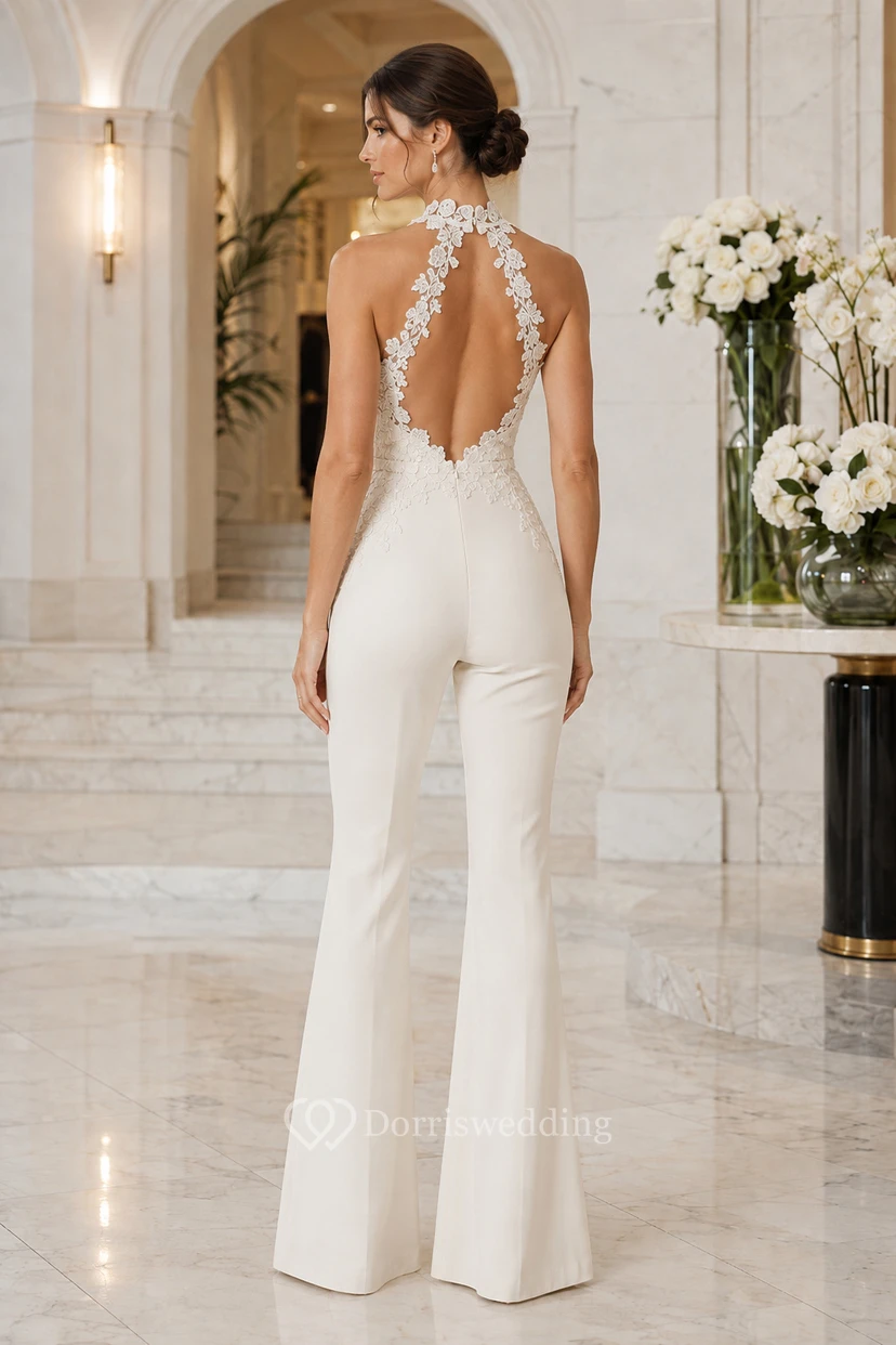 White Halter Floral Lace Bridal Jumpsuit with Open Back view 2