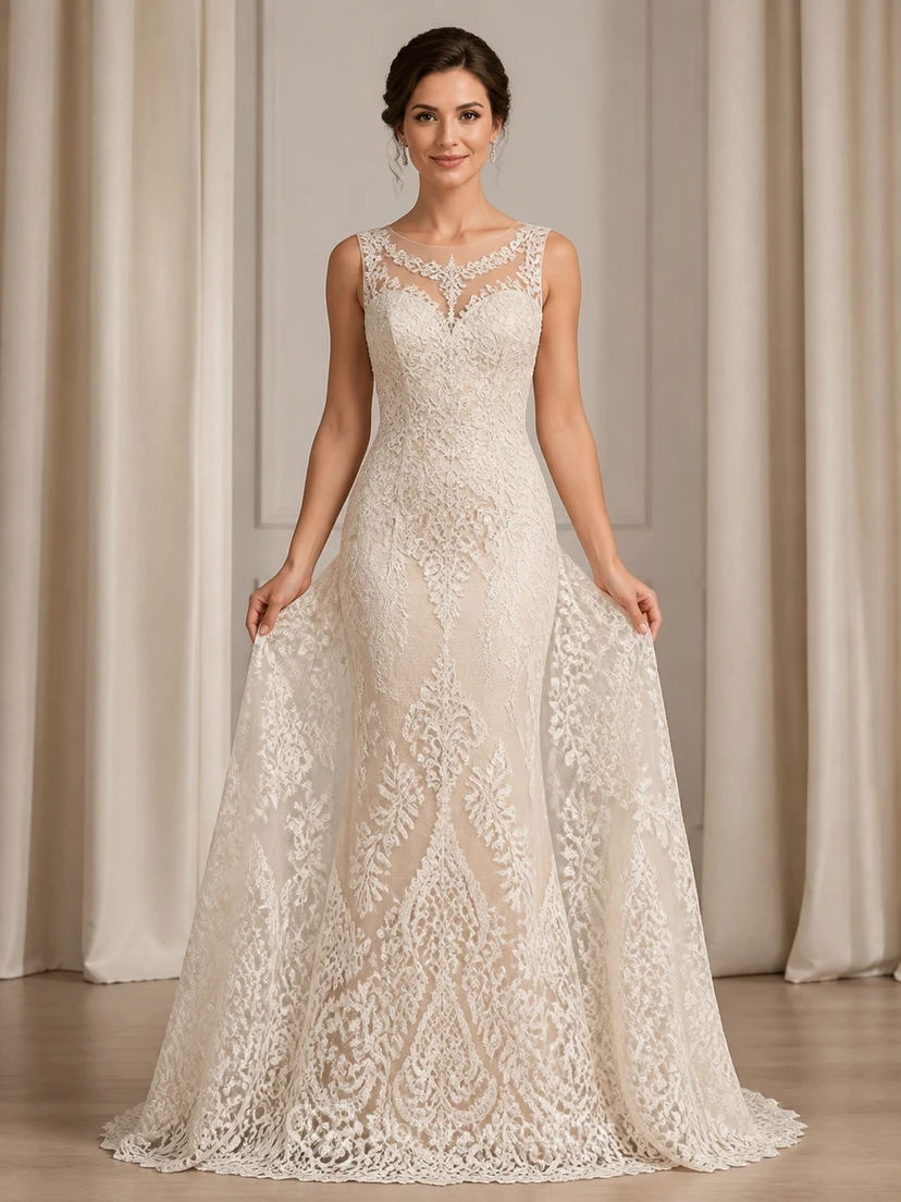 Vestido de novia modesto de corte A, cuello alto, sin mangas, con encaje y cola.