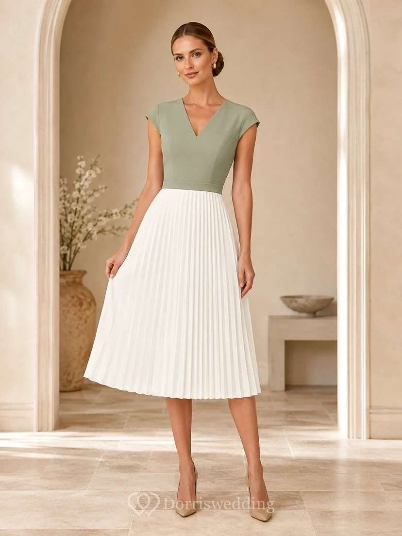 Sage Colorblock Chiffon V-Neck Short-Sleeve A-Line Tea-length Pleated Cocktail-Dress