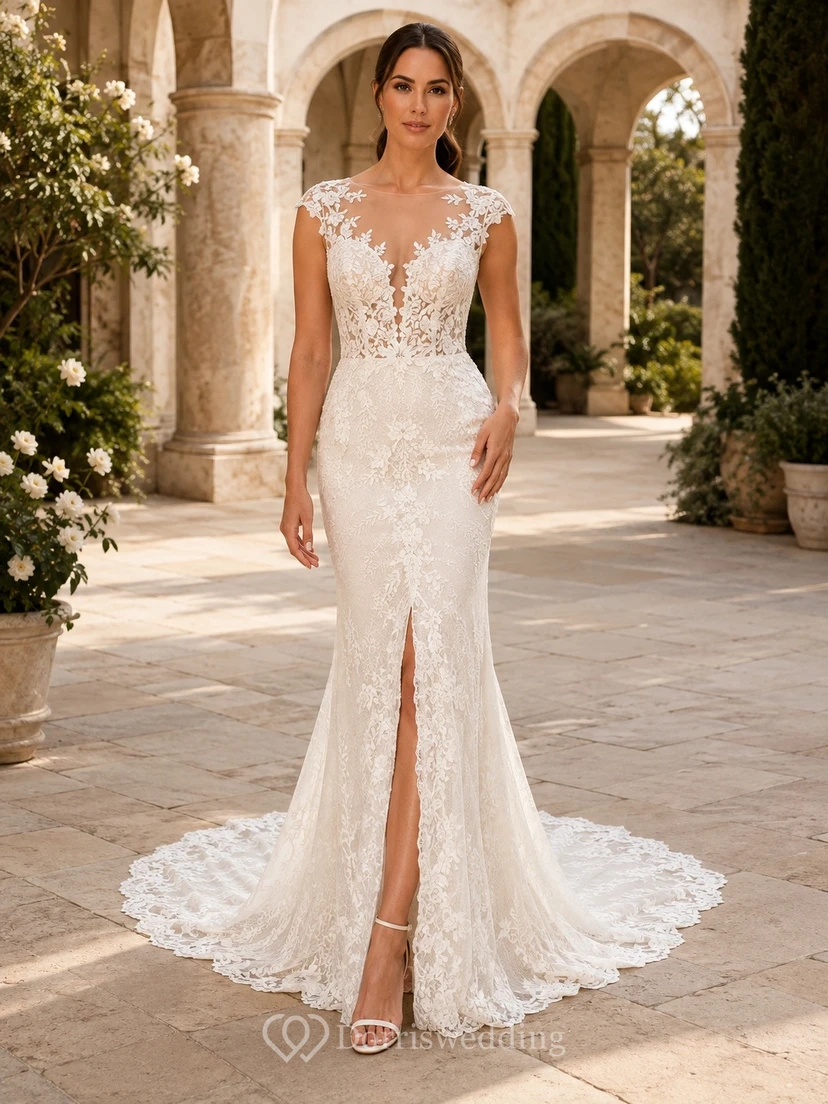 Vestido de novia de encaje con escote ilusión floral y abertura, estilo sirena.