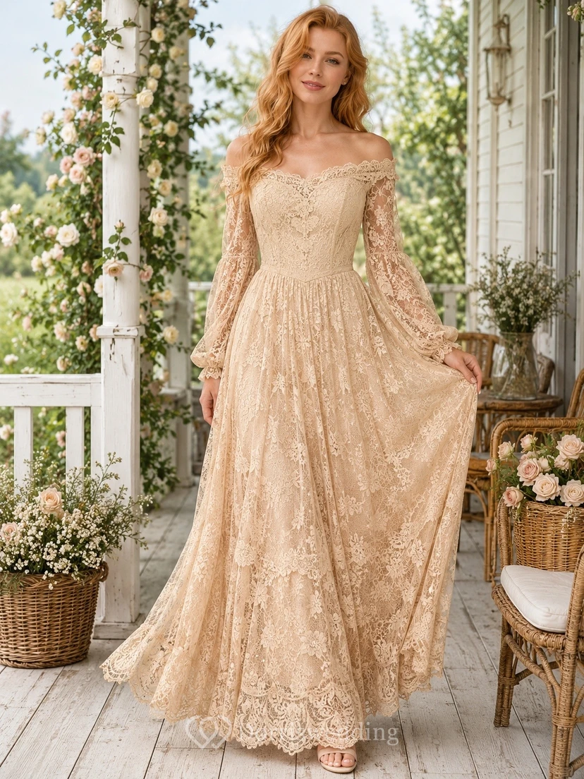 Vestido de novia vintage bohemio color champán con encaje, hombros descubiertos y manga larga