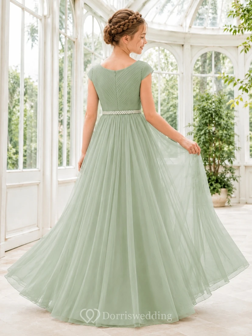 Celadonfarbenes Brautjungfernkleid im A-Linien-Stil mit kurzen Ärmeln, Chiffon und Perlenbesatz an der Taille – elegant view 2