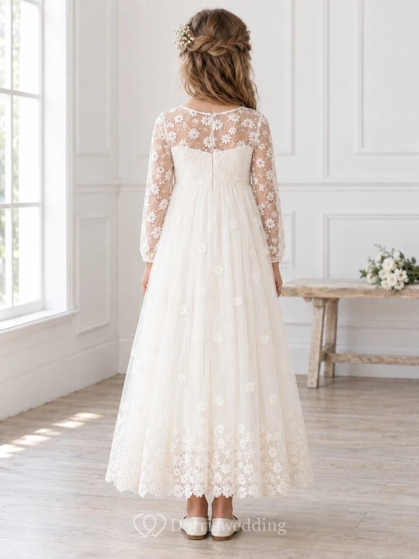 Long Sleeve Ivory Daisy Jewel Illusion Ankle-length A-Line Gathered Tulle Floral Border Cuff Flowergirl Dress view 2