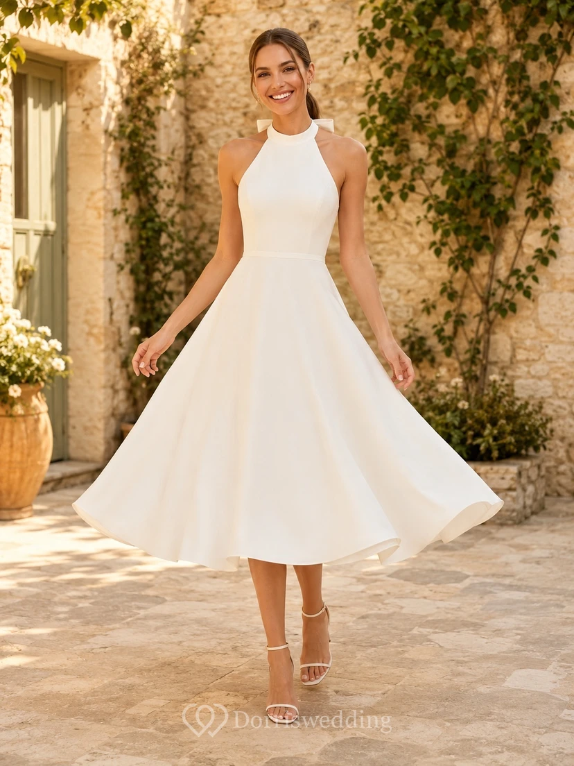Lässiges Satin-Halterkleid mit hohem Kragen, offenem Rücken und Schleife, A-Linie, Teelänge, zweites Hochzeitskleid