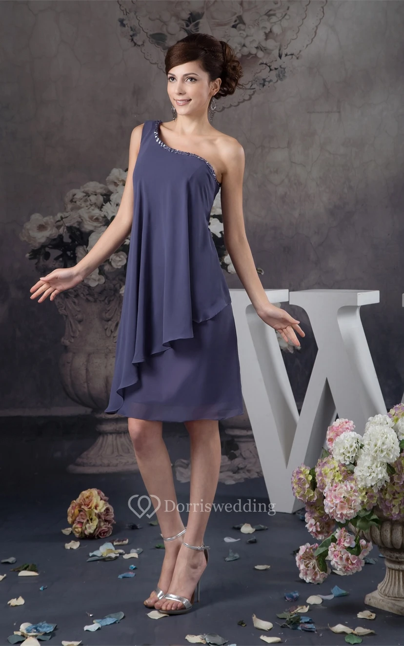 One-Shoulder Knee-Length Chiffon Draping and Dress With Beading view 3