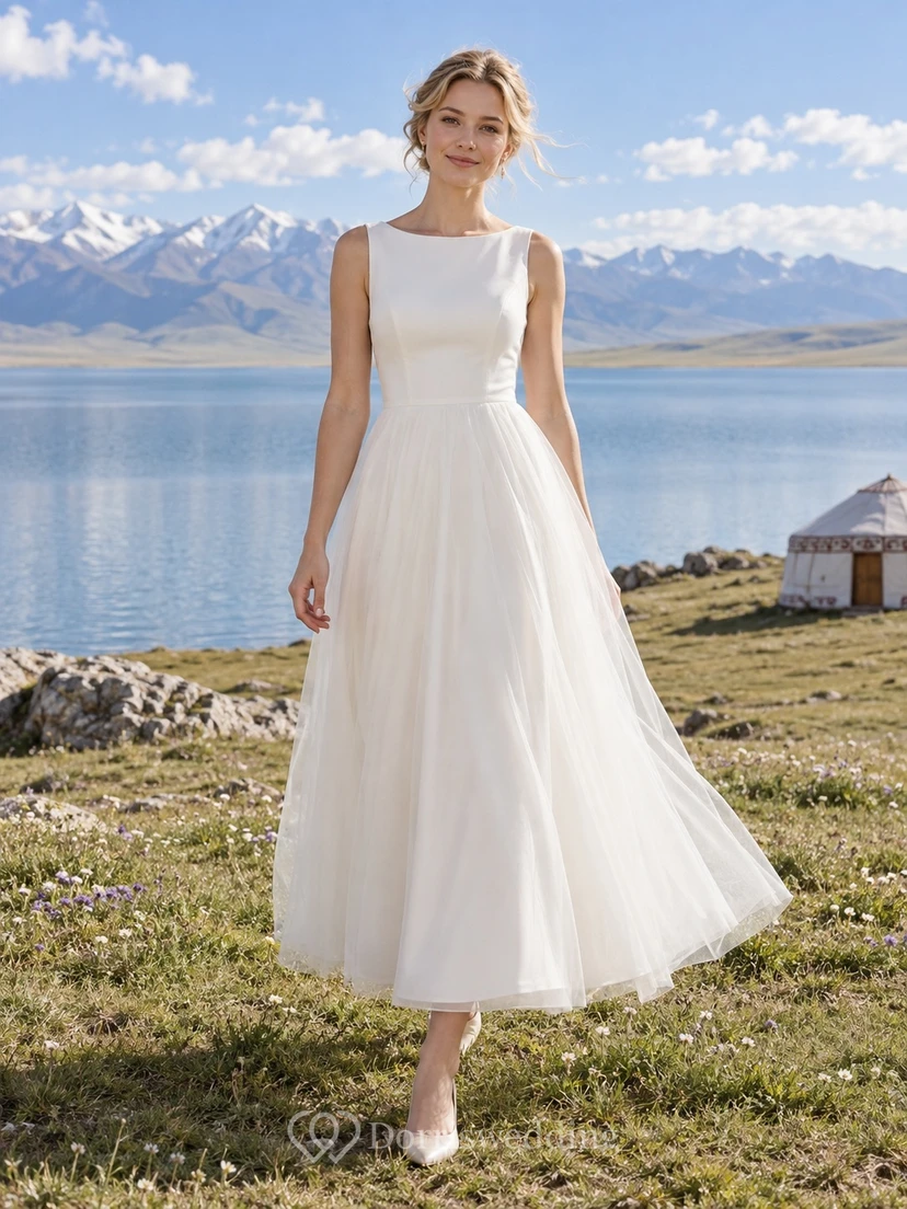 Vestido de novia civil sencillo y modesto, largo hasta la rodilla, con escote barco y falda de tul, sin mangas.