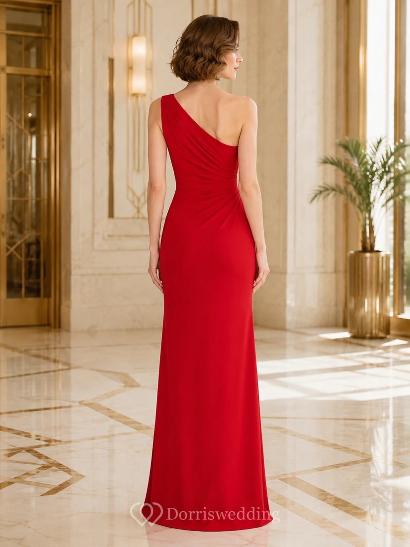Red Sexy Modern One-Shoulder Sleeveless Satin Front-Slit Sheath Floor-Length Evening Dress view 2