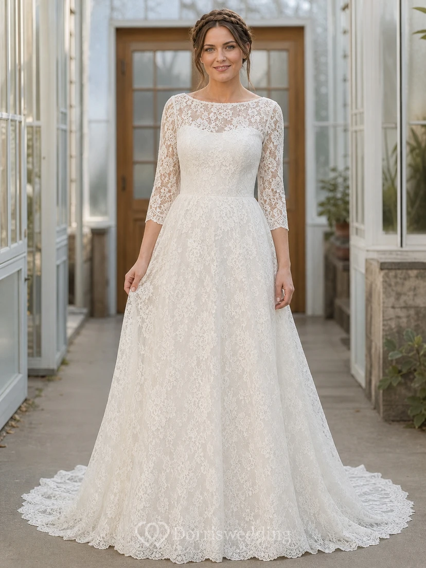 Vestido de novia sencillo, de corte A, con escote barco y mangas tres cuartos, estampado floral y largo hasta el suelo.