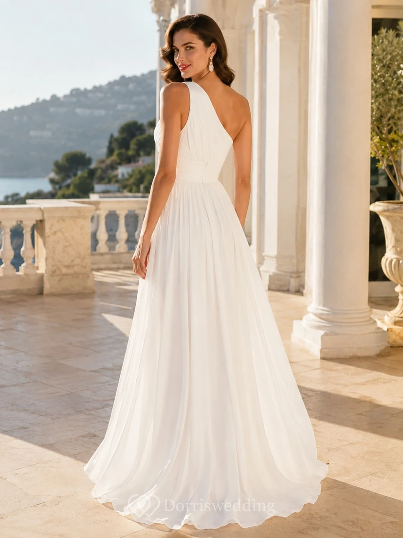 White One-Shoulder Sleeveless Chiffon A-Line Floor-length Sweep Split Elegant Evening Gown view 2