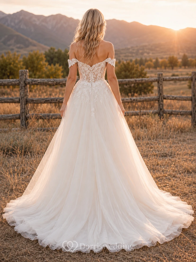 Romantic Tulle Lace A-Line Off Shoulder Short Sleeve Wedding Dress view 2