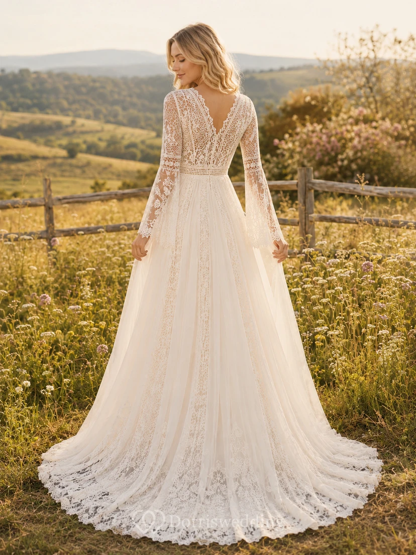 Boho Bell Sleeve Crochet Lace Country Chapel Wedding Dress view 2