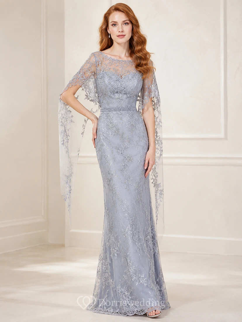Silver Blue Lace Cape Sleeve Sheath Mother Dress