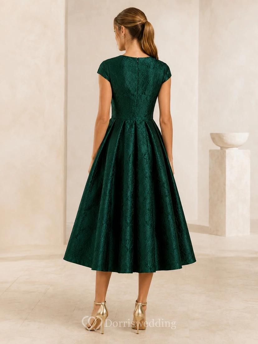 Dark Green Cap Sleeve V-Neck Lace Tea-Length Ball Gown Formal Guest Dress view 2
