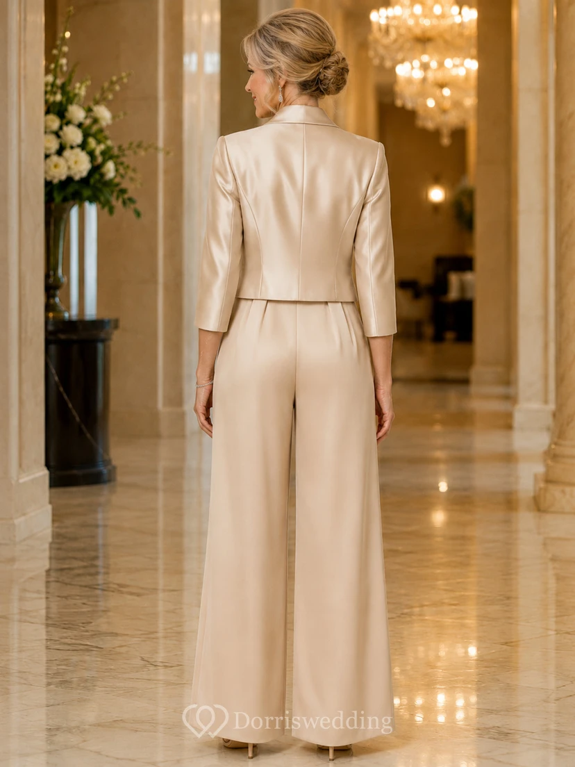 Champagne Mother Pantsuit with Satin Jacket, Jewel Top and Wide Leg Pants view 2