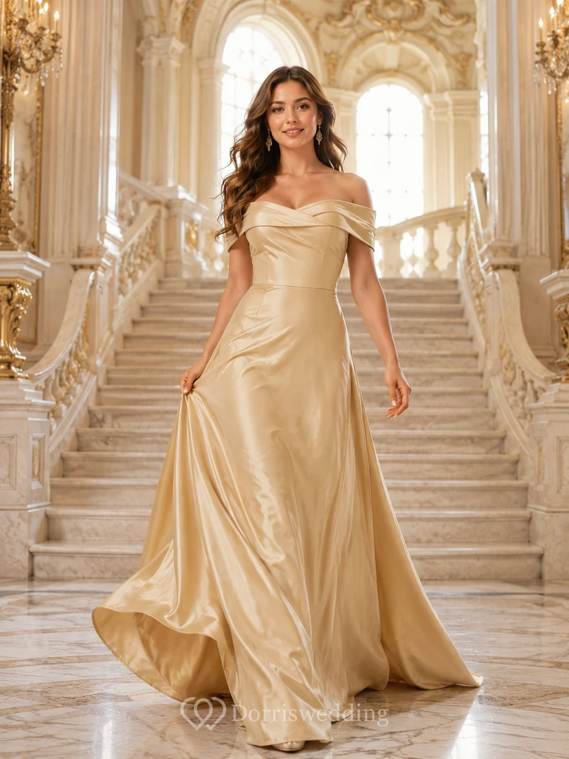 Robe de bal de palais en satin doré drapé à épaules dénudées