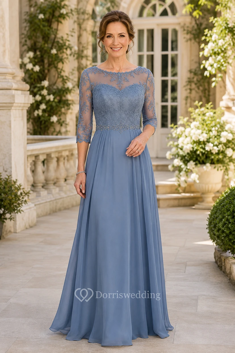 Stahlblaues A-Linien-Kleid aus Chiffon mit Spitze und Illusionseffekt für Mütter