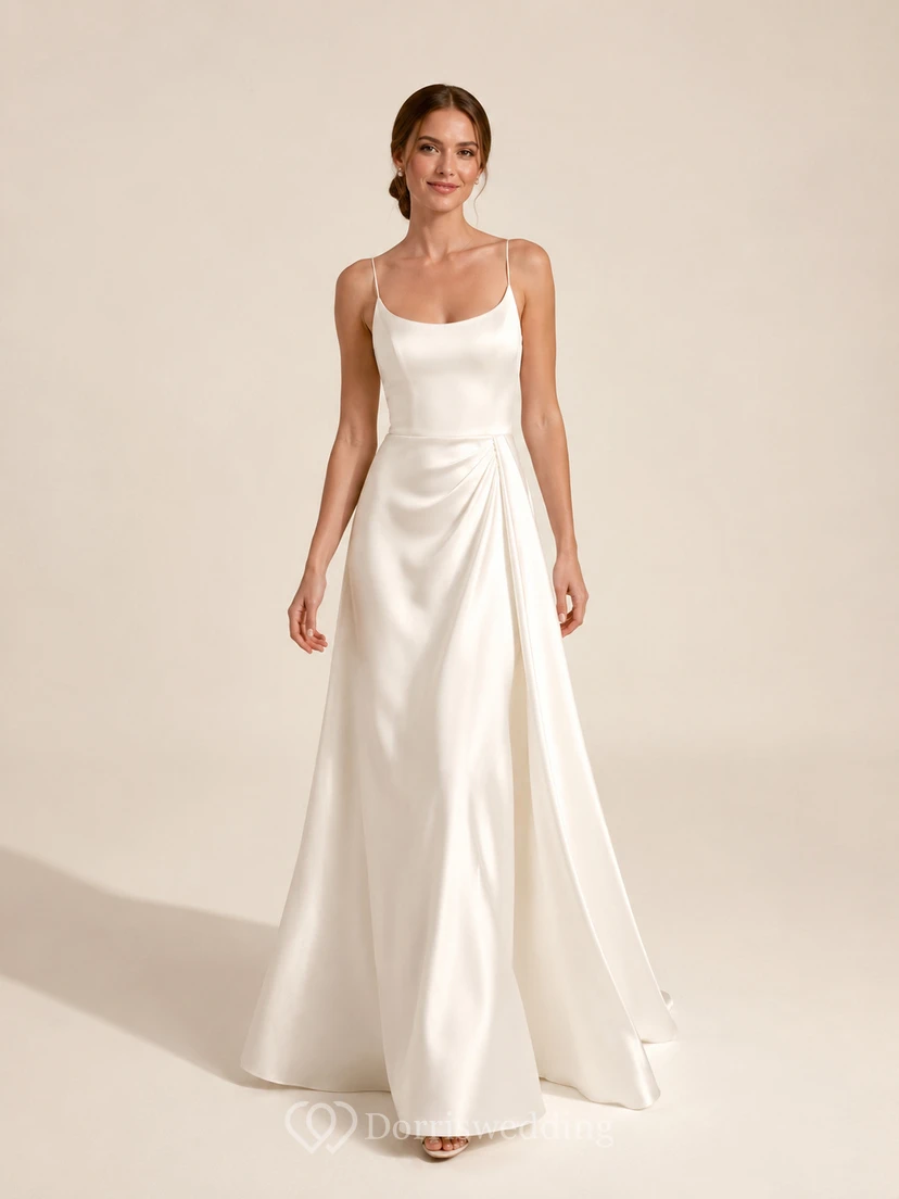 Schlichtes Brautkleid aus Satin mit Spaghettiträgern und A-Linien-Schnitt