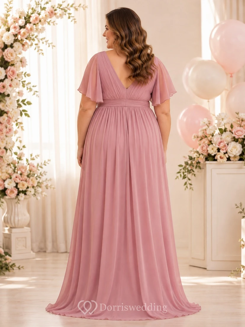 Dusty Rose Plus-Size Maternity V-Neck A-Line Floor-Length Short-Sleeve Chiffon Guest Gown view 2