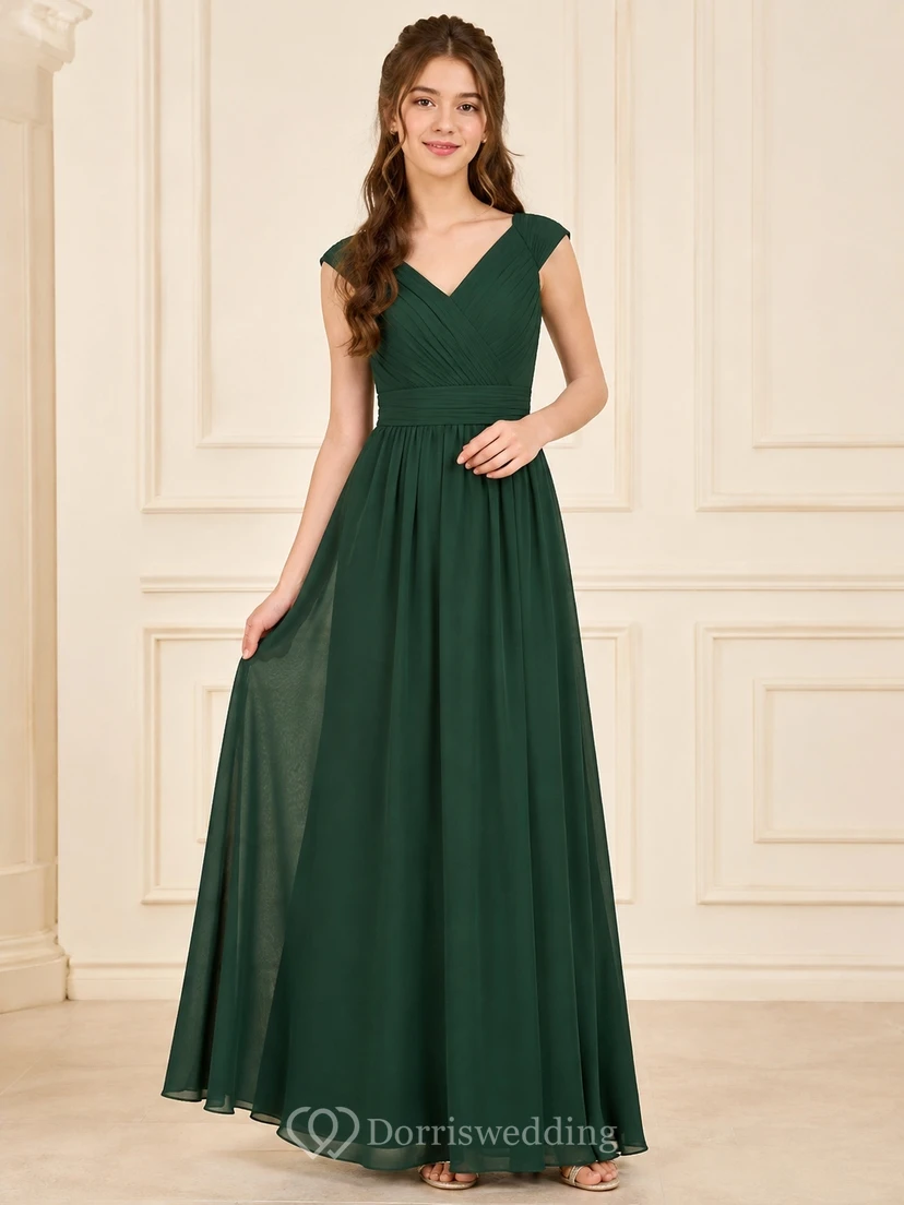 Vestido de dama de honor juvenil verde oscuro, corte en A, escote en V, manga corta, elegante y formal.