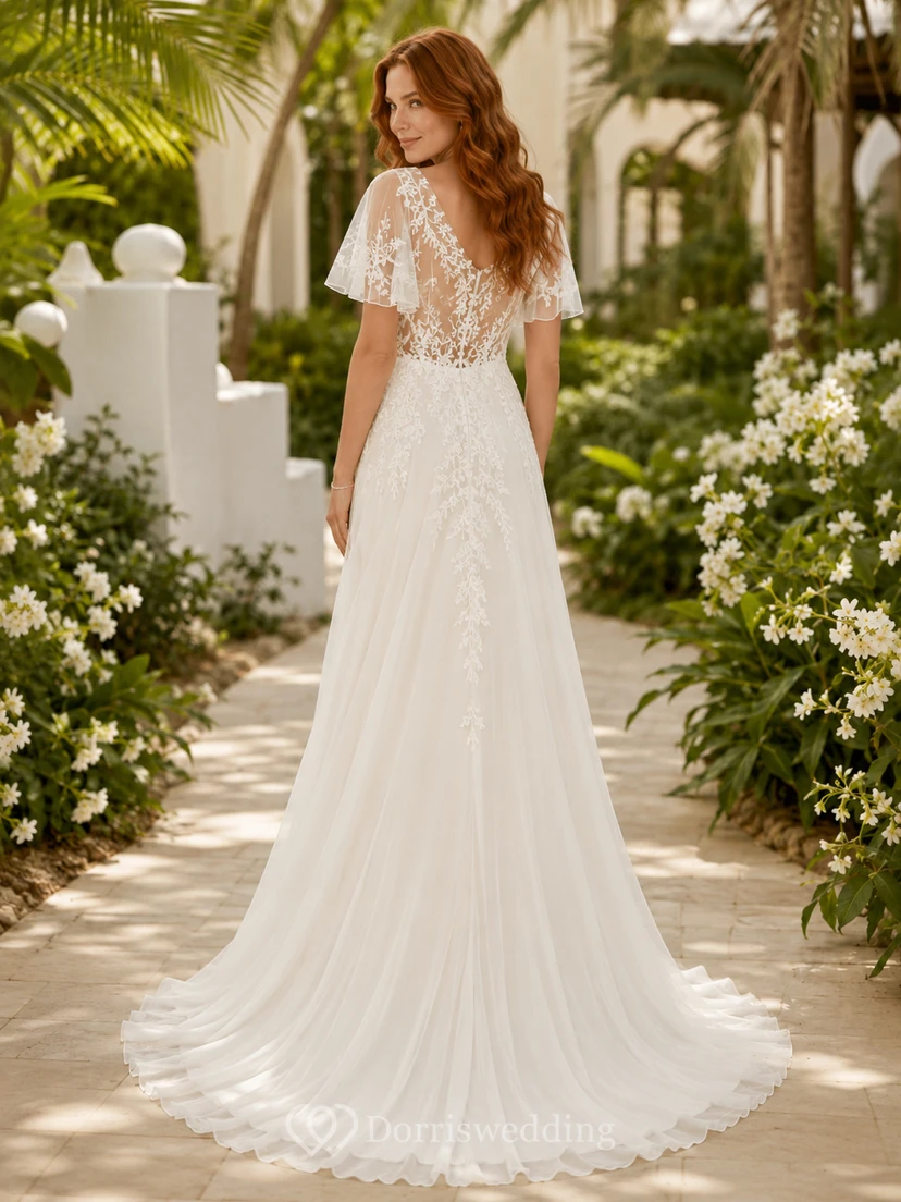 Vestido de novia de encaje playero, corte A, escote corazón, mangas con volantes, cola larga, espalda baja en V. view 2