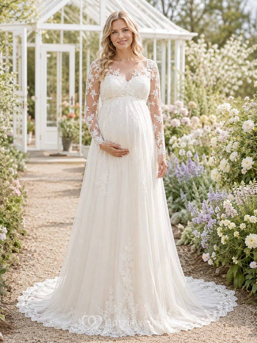 Maternity Wedding Dress V-Neck Long Sleeve Lace Garden Bridal Gown with A-Line Train