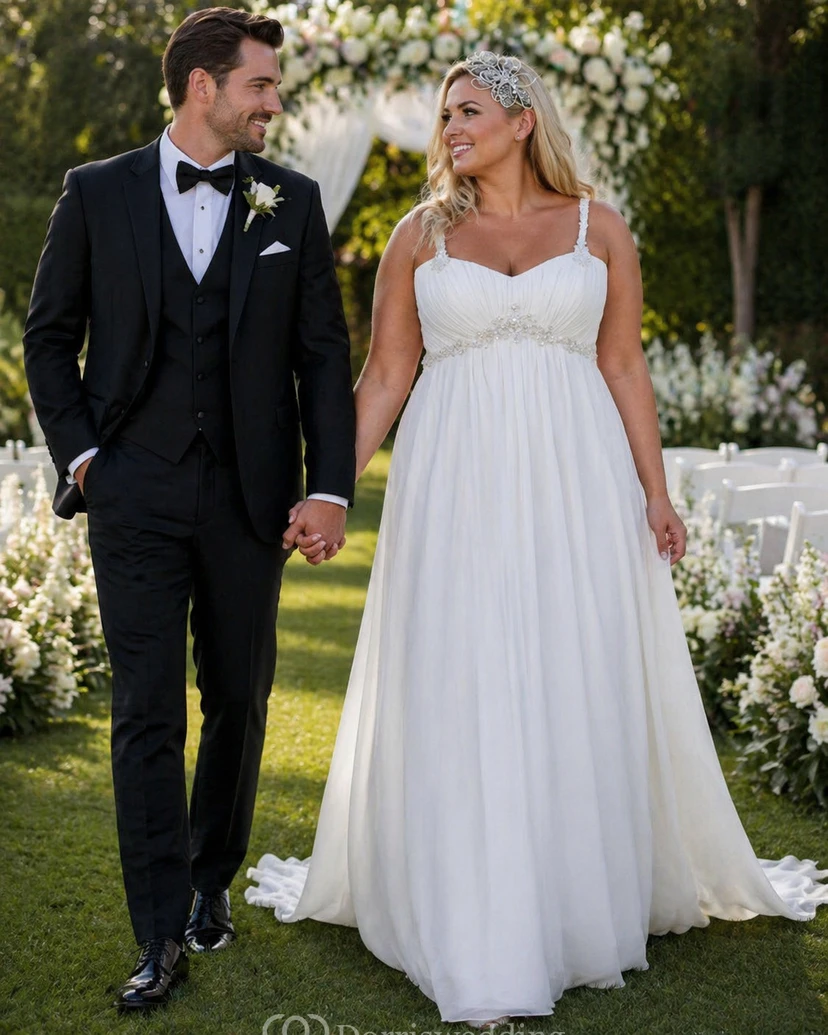 Plus Size Beach Empire A-line Wedding Dress | White Chiffon Women Bridal Gown for Curvy Bride