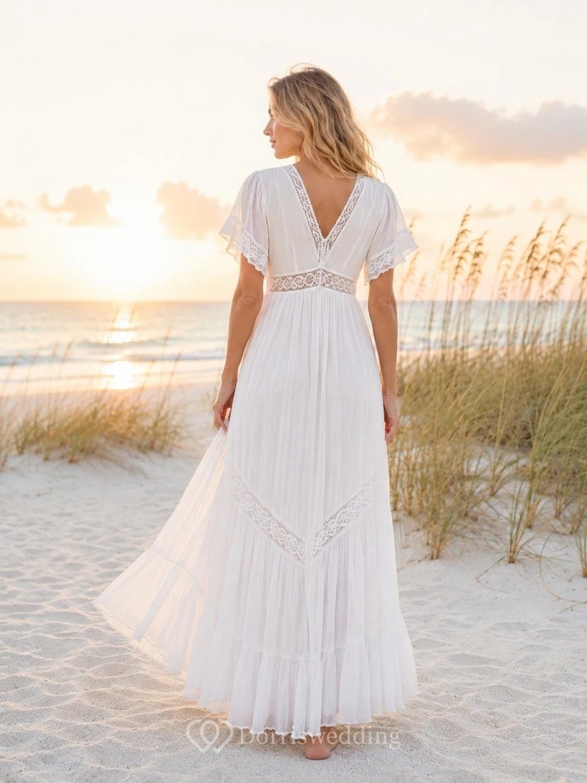 Boho-Strand-Maxikleid in A-Linie mit V-Ausschnitt, flatternden Ärmeln und Spitzenbesatz view 2