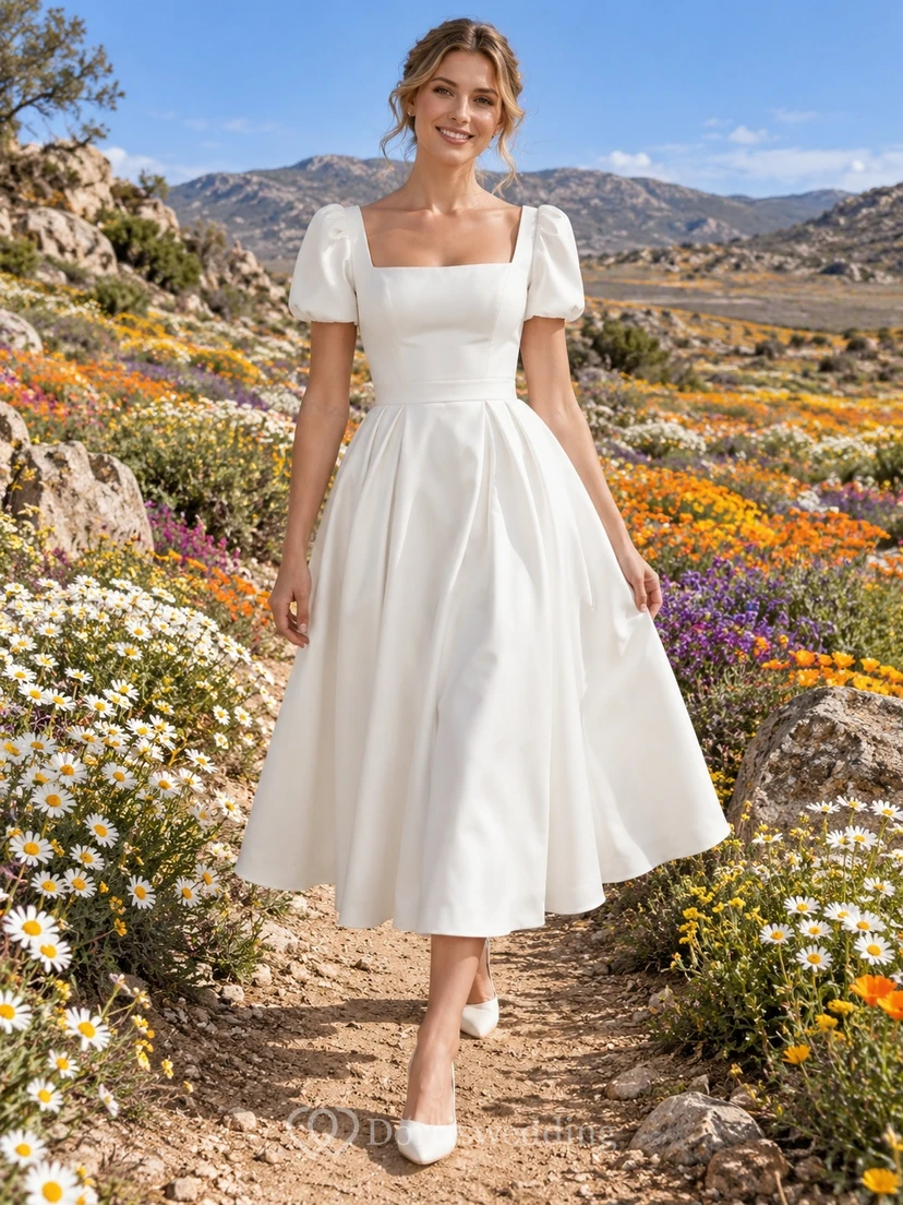 Vestido de novia sencillo de corte A, largo hasta la rodilla, cuello cuadrado, satén, mangas cortas abullonadas.
