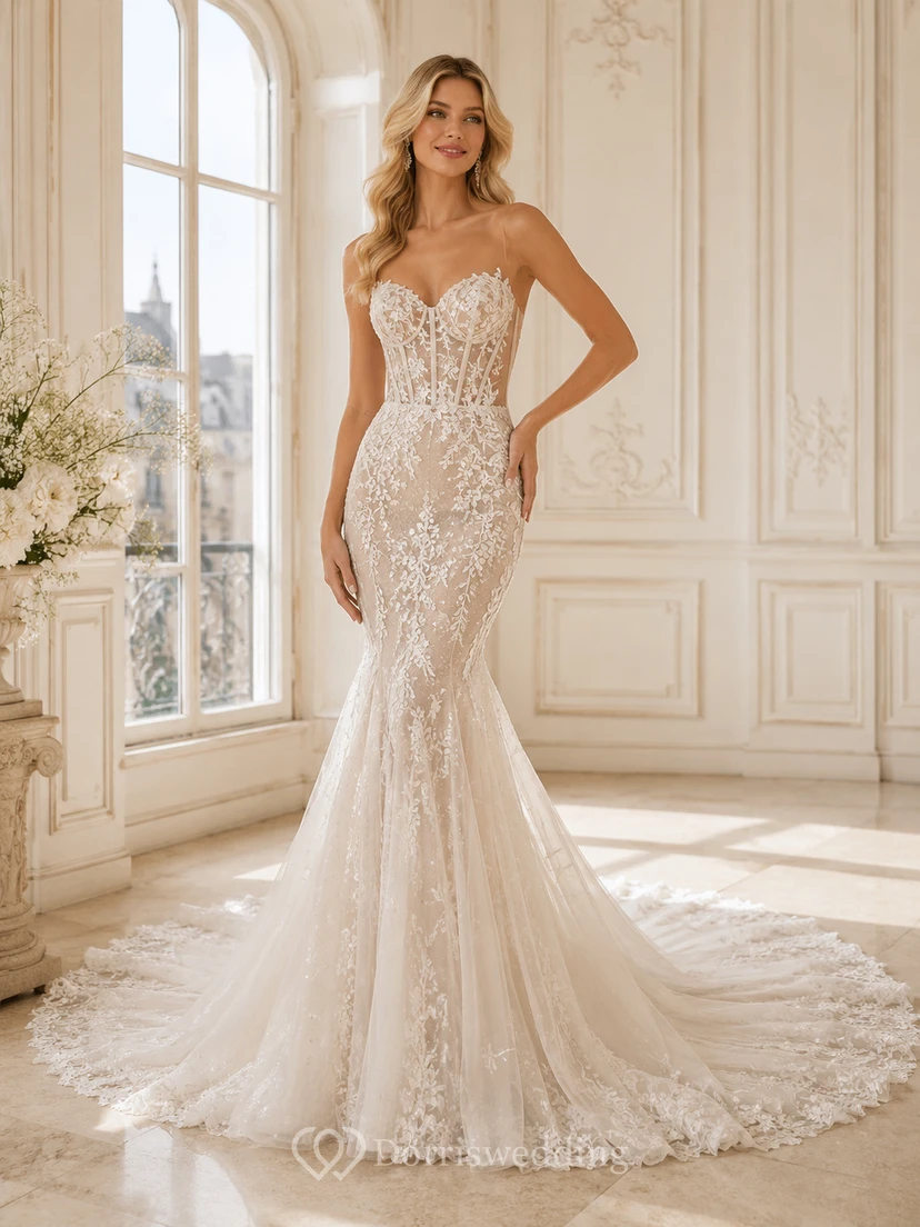 Trägerloses Brautkleid im Meerjungfrauenstil mit Herzausschnitt, floraler Spitze und luxuriöser Kapellenschleppe