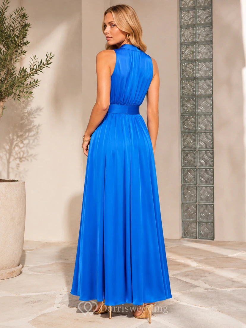 Royal blue halter V neck chiffon maxi gown slit view 2