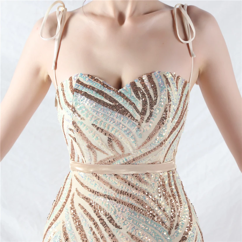 Vestido de noche con tirantes, top tipo tubo y lentejuelas apiladas encriptadas, con método de doble atado de cuerda. view 57