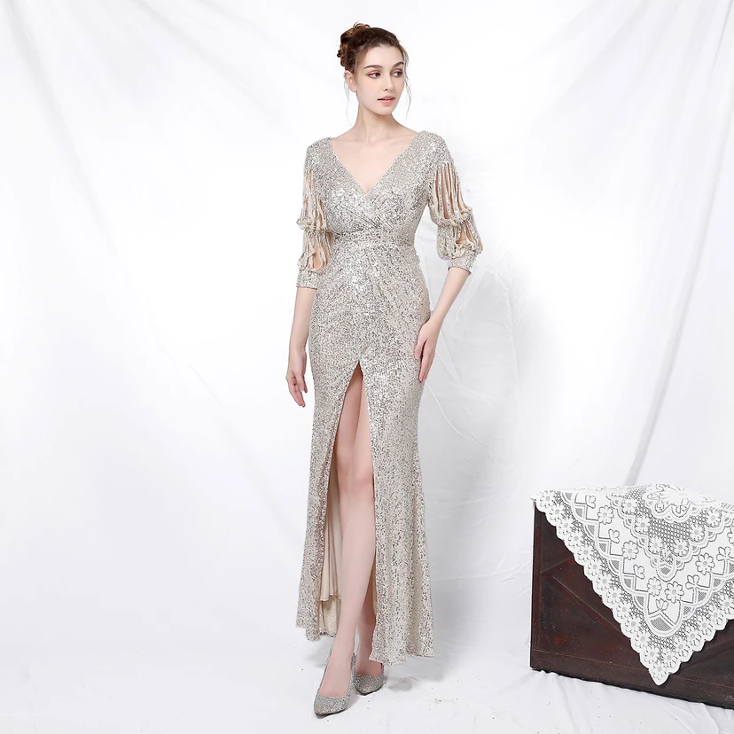 Elegantes, langärmeliges Paillettenkleid im Meerjungfrauenstil mit Meerjungfrauenschnitt – perfekt für festliche Anlässe. view 23