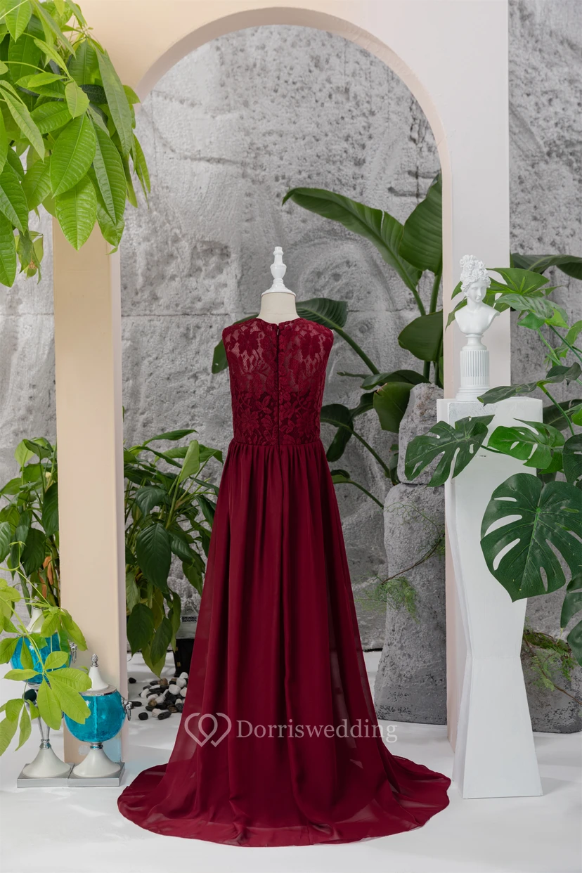 Lace Burgundy Chiffon Floor-length Sleeveless Flowergirl Dress view 2