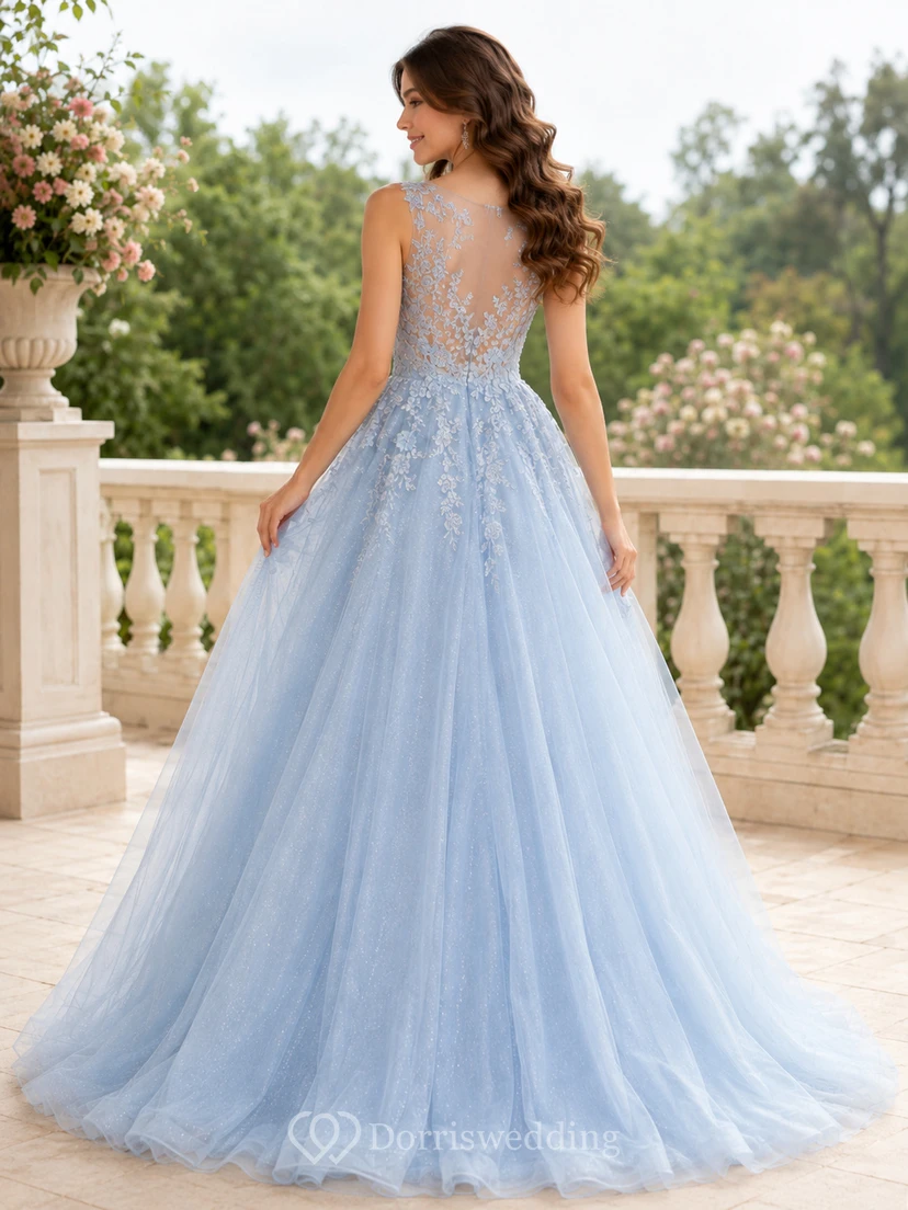 Sky Blue Beaded Tulle Prom Ball Dress view 2
