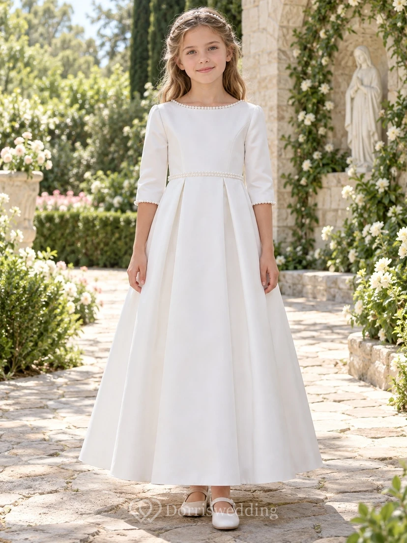 Modest White Ankle-length Three-quarter Sleeve Pearl Trim Satin Communion Dress