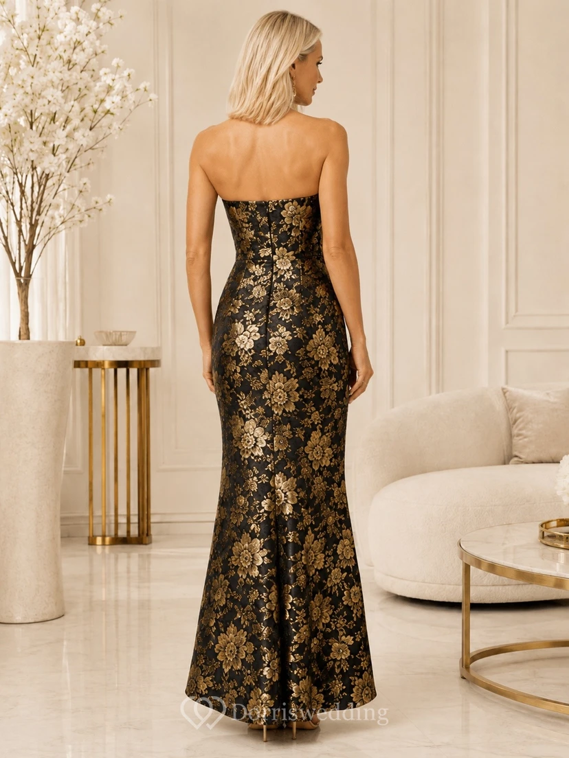 Vestido de noche ajustado sin mangas con escote cuadrado y encaje negro y dorado view 2