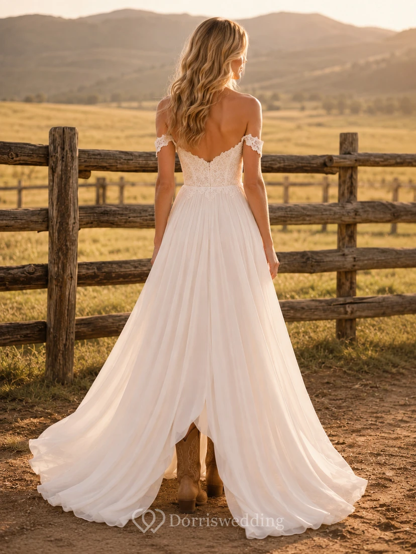 Ranch Country Simple Romantic A-Line Tulle Chiffon Wedding Dress with Off Shoulder Sweetheart Sleeveless Floor-Length Train Split Skirt Low Back view 2