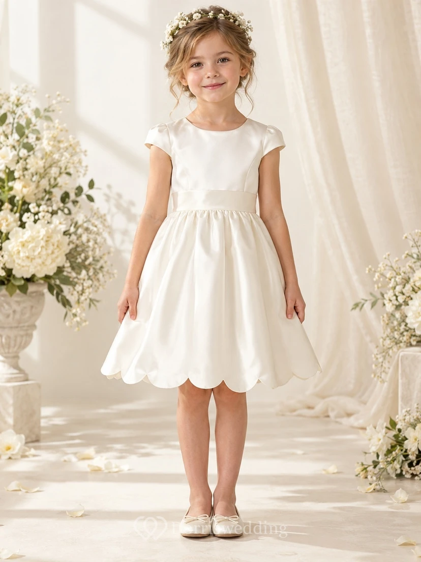Simple Ivory Knee-length Satin Jewel Cap-sleeve Sashed Gathered Scalloped-hem Bow-back Flower Girl Dress