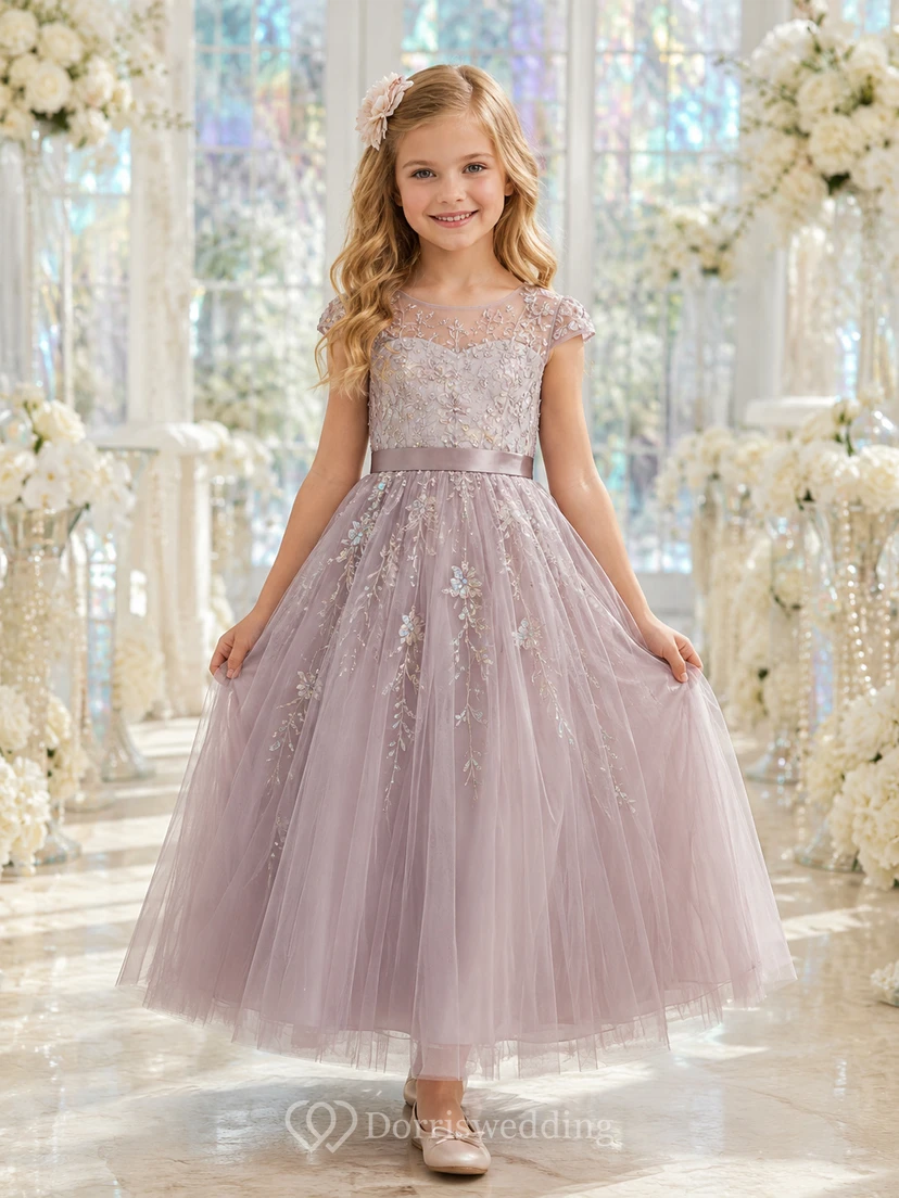 Flower Girl Dress A-Line Vintage Mauve Lace Tulle Cap Sleeve Wedding