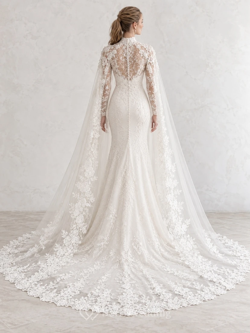 Modest Long Sleeve High Neck Lace Winter Wedding Cape Dress view 2