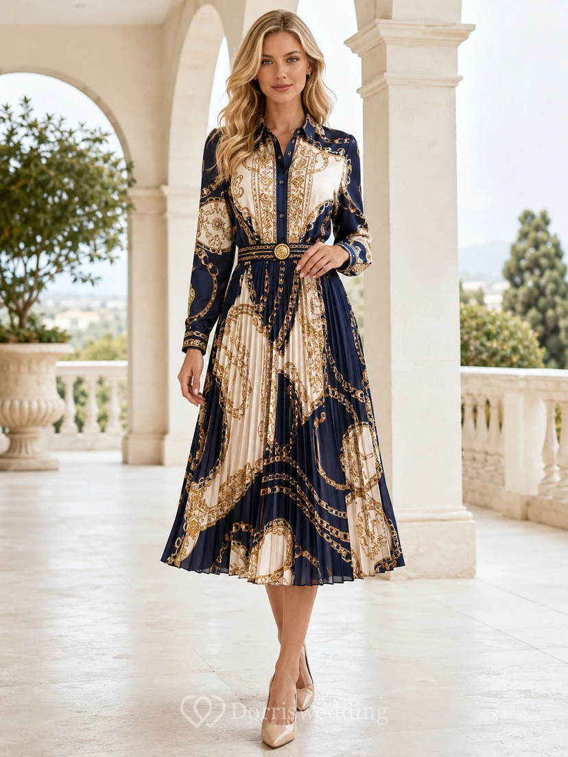 Vestido midi plisado de manga larga con estampado de bufanda azul marino