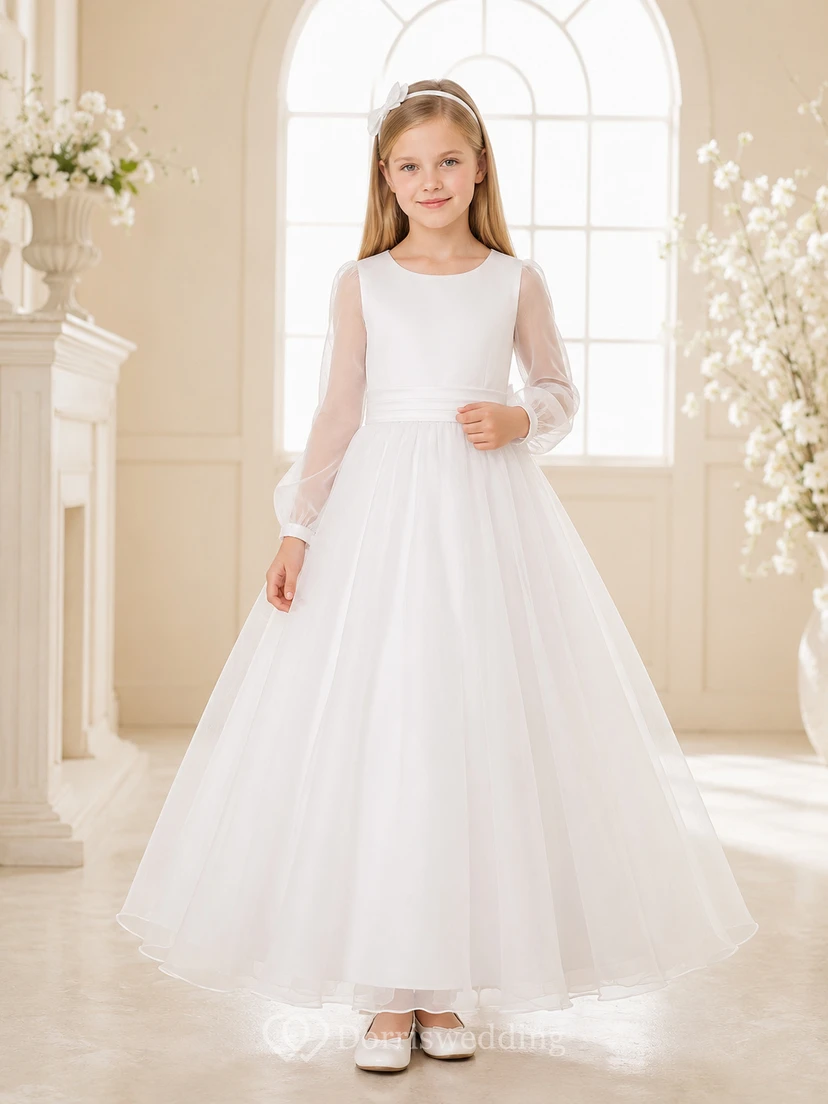 Robe de demoiselle d'honneur de communion sans manches en tulle transparent, longueur cheville