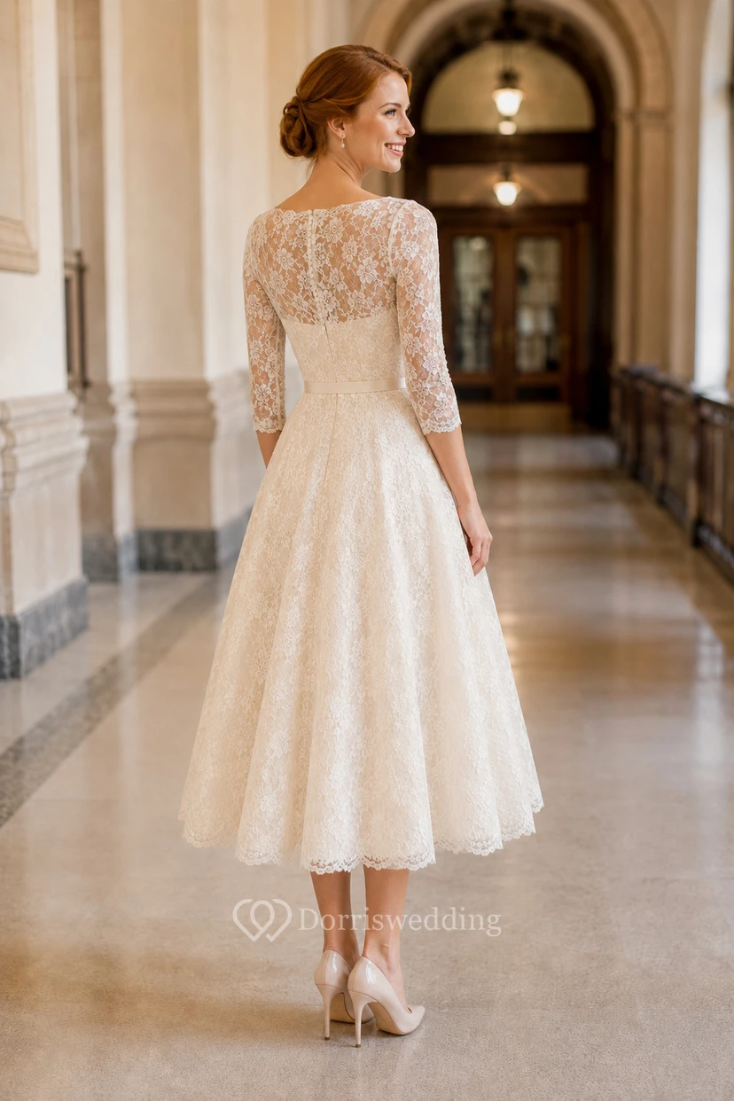 Robe de mariée mi-longue en dentelle à manches longues et jupe ample en tulle view 2