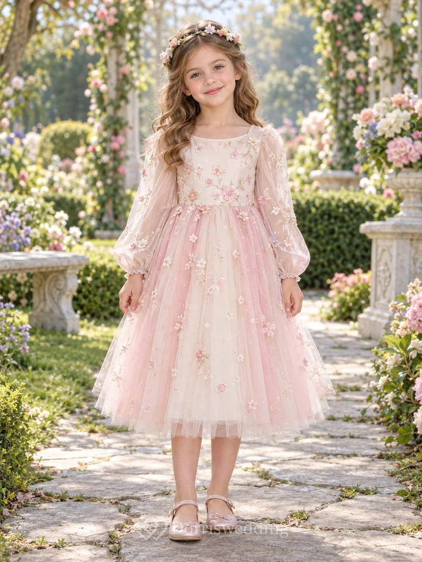 Märchenhaftes, langärmeliges, rosafarbenes Blumenkleid mit Rundhalsausschnitt aus Tüll für Blumenmädchen