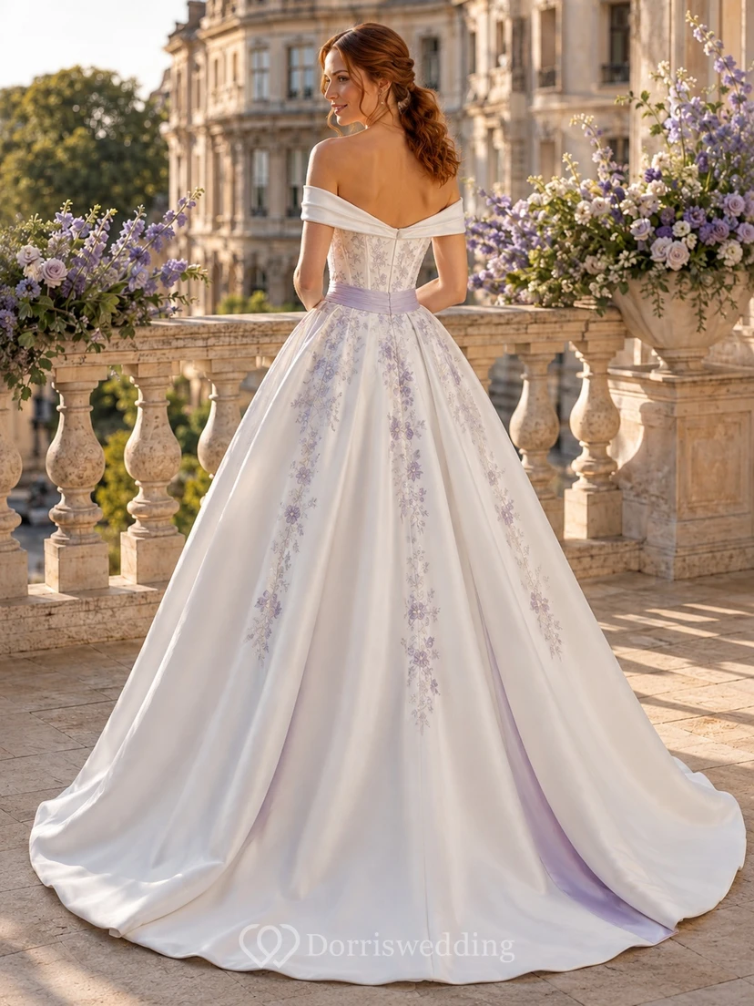 Lavender Floral A-Line Satin Bridal Dress Off-the-shoulder Short Sleeve Chapel Train view 2